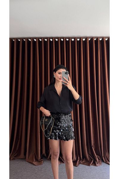HAZELANNA Black Sequin Shorts Skirt