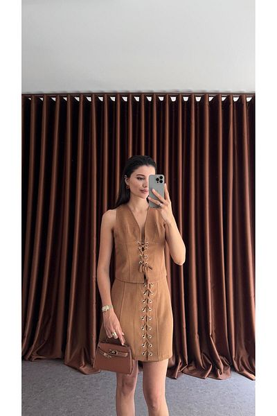 HAZELANNA Eyelet Brown Vest-Skirt Suit