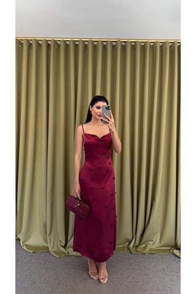 HAZELANNA Askılı Çiçekli Bordo Elbise