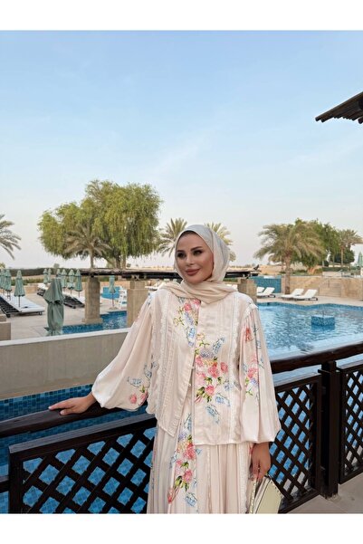 BZ BUTİK Floral Pattern Lace Detailed Vintage Style Shirt Skirt Double Suit