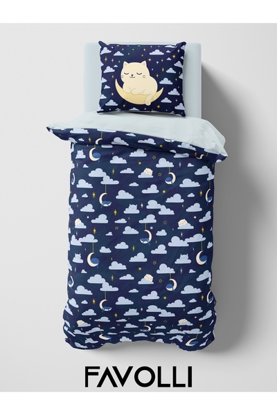 FAVOLLİ Sleepy Night Cat Single High Quality Duvet Cover Set