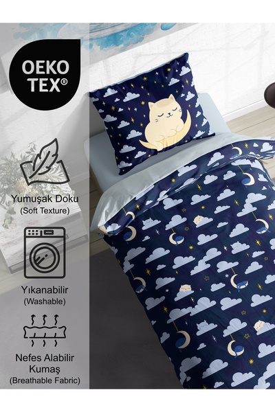 FAVOLLİ Sleepy Night Cat Single High Quality Duvet Cover Set