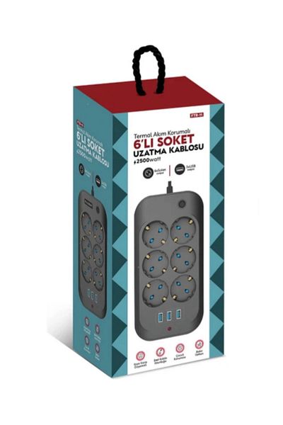 NEZADE STORE Thermal Current Protected, Child Proof, 6-Piece 2 Mt Extension Cable 6 X Socket, 3 X USB