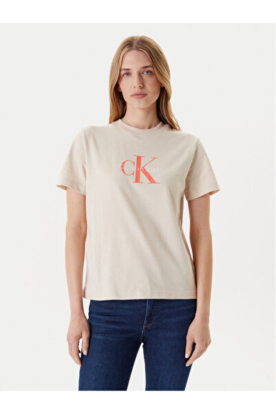 Calvin Klein Kadın Normal Kalıp Yuvarlak Yakalı %100 Pamuk CK Logo Baskılı Kı...