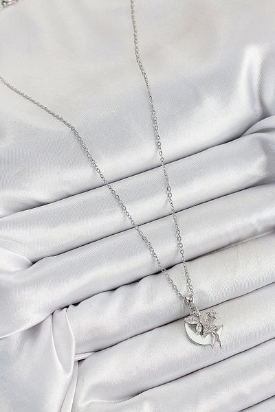 Clariss Bfs 316L Steel Zircon Stone Crescent Angel Model Silver Color Women's Necklace