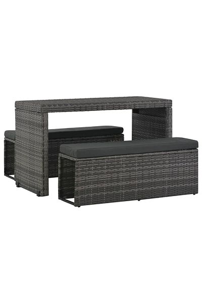 vidaxl 3 Piece Outdoor Dining Set with Cushions Poly Rattan Gray