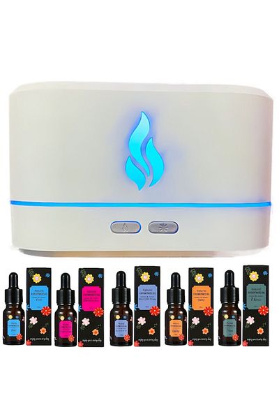 FOTOFUN White Aromatherapy Diffuser with 5 Essential Oils with LED Flame Effect, 200ml, WHITE with USB cable
