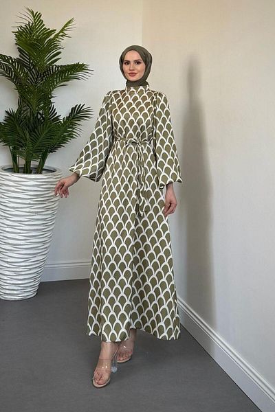 MERVEN AKYÜZ Linya Herringbone Dress Oil Green