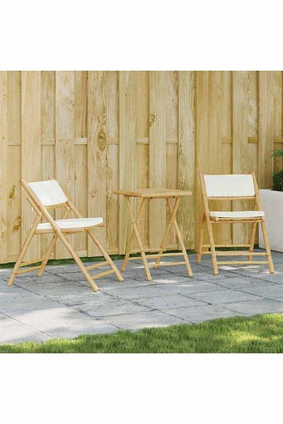 vidaxl 3 Piece Folding Bistro set with Cream White Cushions Bamboo
