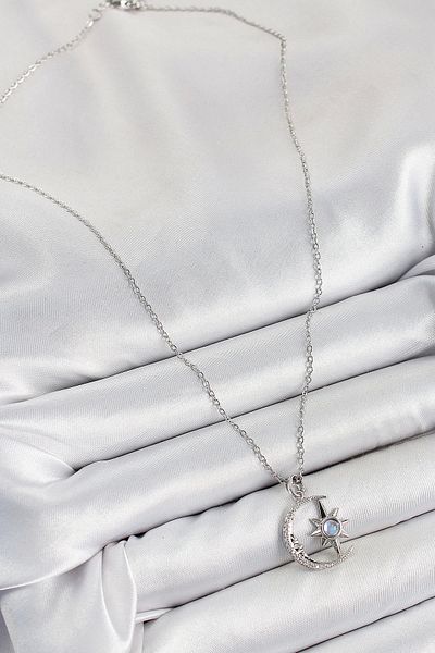 Clariss Bfs 316L Steel Zircon Stone Pole Star Crescent Model Silver Color Women's Necklace