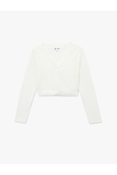 Koton Slim Fit Long Sleeve V Neck Crop T-Shirt with Lace Detail