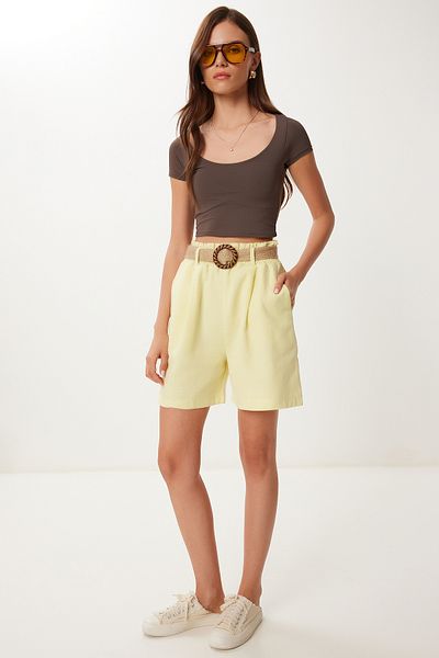 Lovelyİstanbul Pantaloni scurți de in cu centură de paie Hbv0006 Galben