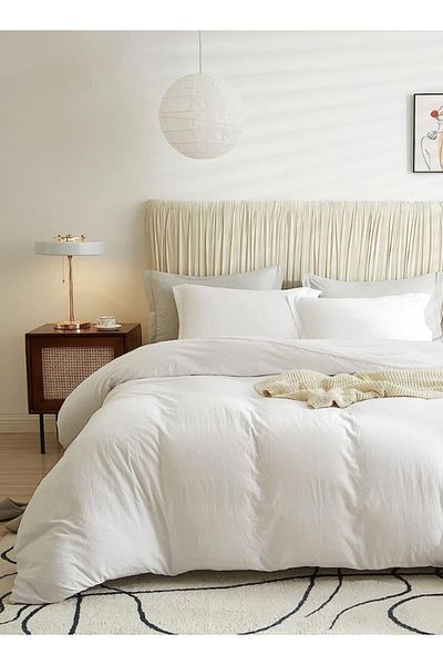 LUNA HOME Queen size 6 pieces Bedding Set Washable Cotton Plain Snow White Color Design 200x230cm.