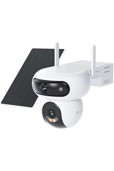EZVIZ كاميرا مراقبة لاسلكية HB90+8W تعمل بالطاقة الشمسية بدقة 4 ميجابكسل + 4 ميجابكسل مع بطارية 10400 مللي أمبير في الساعة، باللون الأبيض