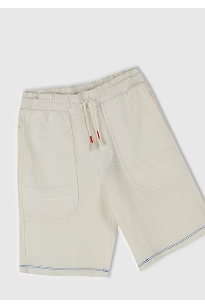 United Colors of Benetton Boy's White Stitching Detail Back Pocket Logo Embroidered Waist Drawstring Shorts