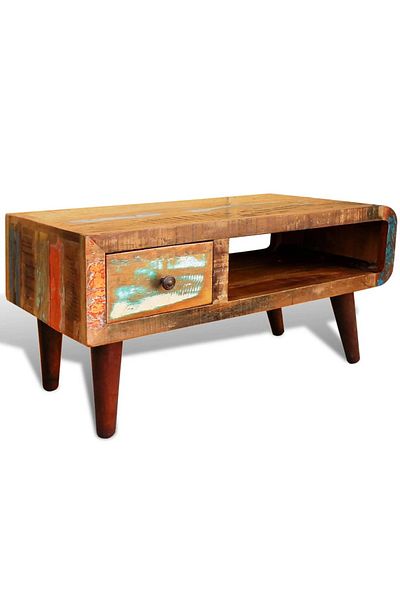 vidaxl Coffee Table with Curved Edge 1 Drawer Reclaimed Wood