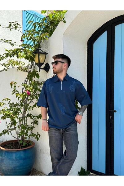 SCSARVİN Yarım Fermuarlı Motif Desenli Oversize Polo Yaka PNC 8138