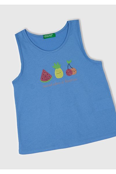 United Colors of Benetton Girl's Blue Glitter Benetton Logo Printed Undershirt