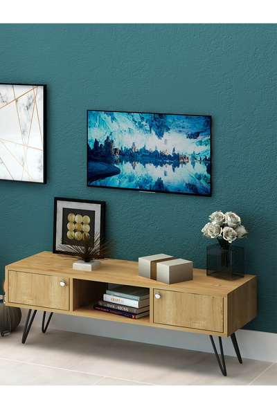 Fly Mobilya Savino Tv Sehpası, Siyah Metal Ayaklı Modern Tv Ünitesi, Raflı Tv...