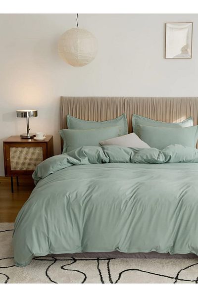 LUNA HOME Queen size 6 Pieces Bedding Set, Washable Cotton Green Color 200x230cm.