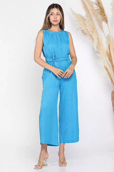 GÜLSELİ Blue Women's Crew Neck Waist Belted Jumpsuit
