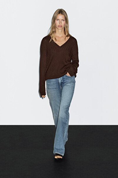 Massimo Dutti V yaka saç örgülü kazak