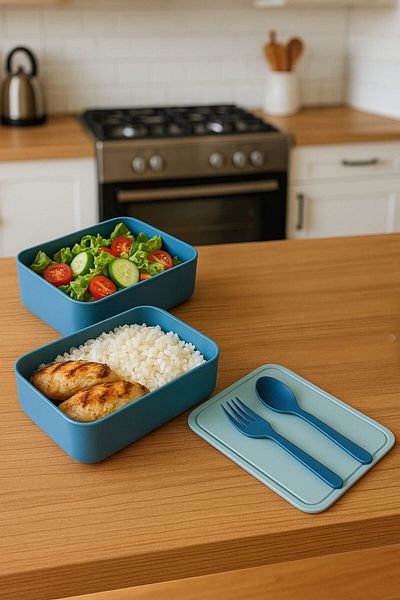 Bayev Layers Blue 2 Tier Storage Container Lunch Box with Fork and Spoon - Lunch Box with Nutrition Compartments