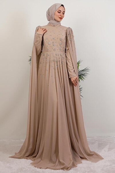 GİYZAMİLA Mina Boncuklu Abiye Bej