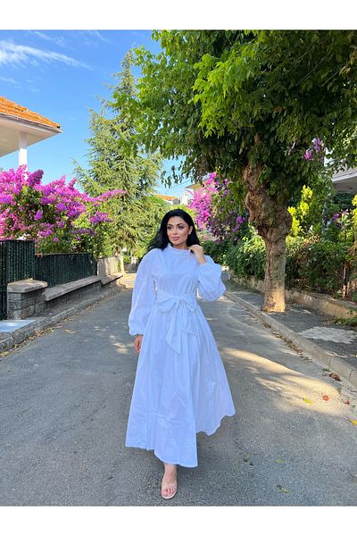KÜÇÜĞÜM BUTİK فستان بوبلين أبيض كبير الحجم بفيونكة كبيرة