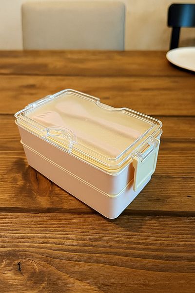 Bayev Layers Pink 2 Tier Storage Container Lunch Box with Fork and Spoon - Lunch Box with Nutrition Compartments