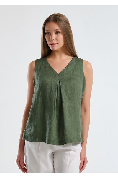 United Colors of Benetton Women's Khaki 100% Linen V-Neck Sleeveless Wide Cut Blouse