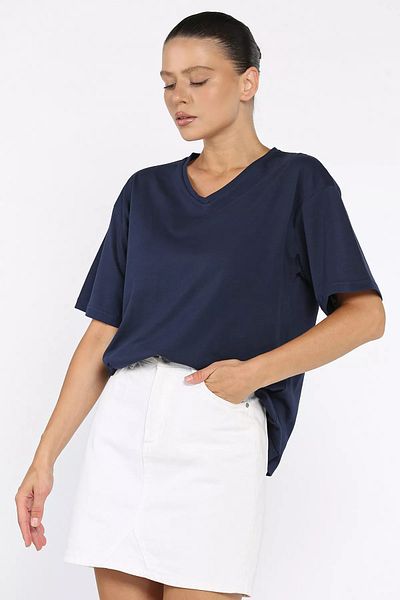 GÜLSELİ Navy Blue V-Neck Basic T-Shirt