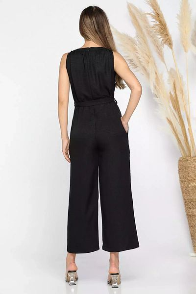 GÜLSELİ Women's Black Crew Neck Waist Belted Jumpsuit