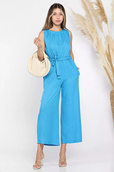 GÜLSELİ Blue Women's Crew Neck Waist Belted Jumpsuit