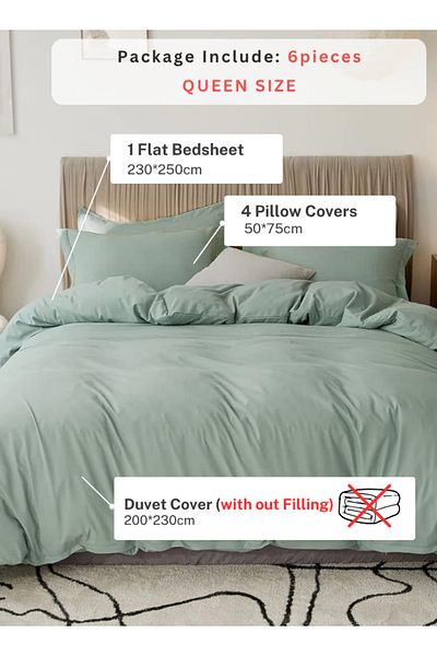 LUNA HOME Queen size 6 Pieces Bedding Set, Washable Cotton Green Color 200x230cm.