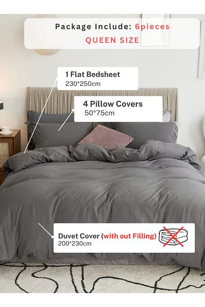 LUNA HOME Queen Size 6 Pieces Bedding Set, Washable Cotton Dark Gray 200x230cm.