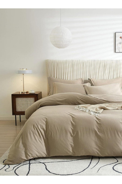 LUNA HOME طقم سرير مفرد مكون من 4 قطع قابل للغسل من القطن بلون بيج 160 × 210 سم.