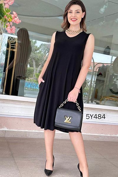 İnce Topuk V-Neck Pocket Sandy Dress 5Y484