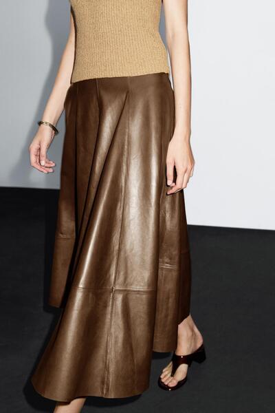 Massimo Dutti Napa deri A kesim midi etek