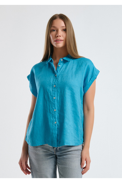 United Colors of Benetton Cămașă cu mânecă scurtă, albastră, 100% in, cu detaliu de umăr