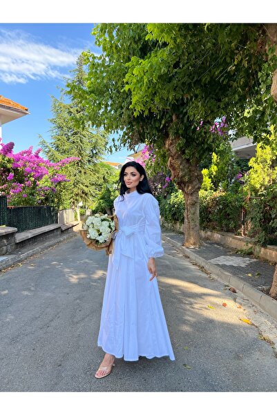 KÜÇÜĞÜM BUTİK Φόρεμα Hijab Λευκό Μεγάλο Φιόγκο Flared Poplin