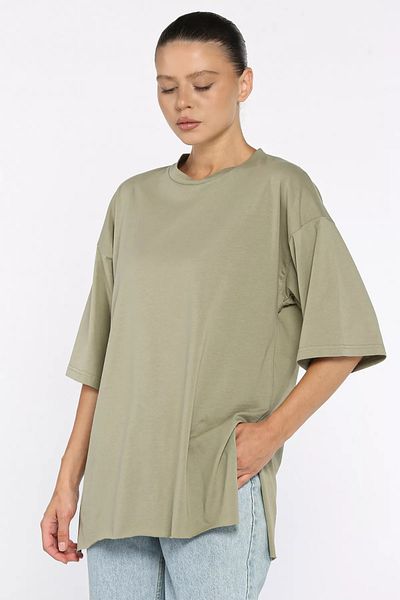 GÜLSELİ Tricou casual pentru femei kaki, cu decolteu lateral, cu detaliu de fantă