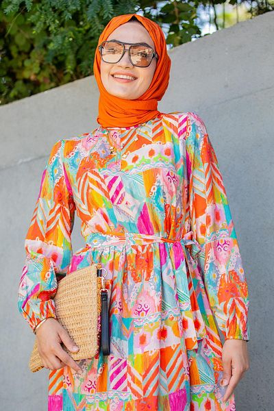 Tesettür Çarşım Mihre Ethnic Pattern Modal Crepe Dress-Orange