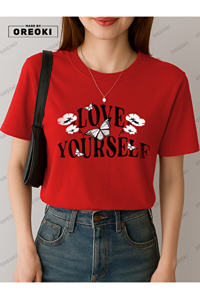 EFFRENATU تي شيرت بناتي من القطن مطبوع عليه Love Yourself باللون الأحمر