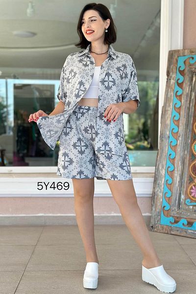 İnce Topuk Patterned Shirt Shorts Set 5Y469