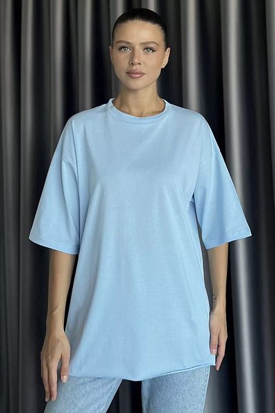 GÜLSELİ Tricou casual albastru pentru femei, cu decolteu, cu detaliu de fantă laterală