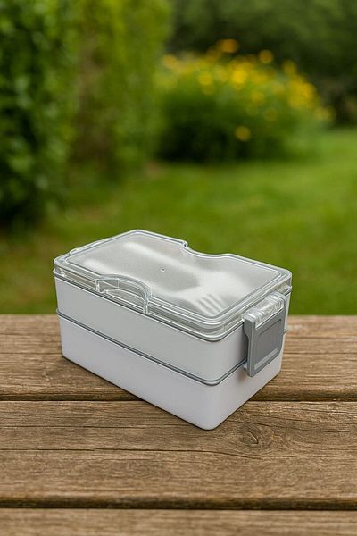 Bayev Layers Gray 2 Layer Storage Container with Fork and Spoon Lunch Box - Lunch Box with Nutrition Compartments