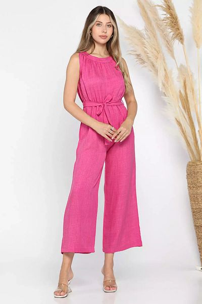 GÜLSELİ Fuchsia Women's Crew Neck Waist Belted Jumpsuit