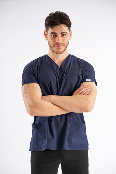 Lion Üniforma Navy Blue Dr. Greys Model Lycra Nurse Doctor Uniform Scrubs Single Top Unisex Bat Sleeve