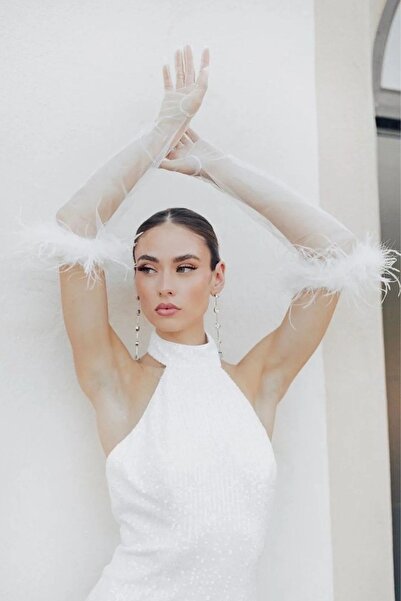 LIVOSH Otri̇sh Detailled Tulle Gloves Feathered Special Day Gloves